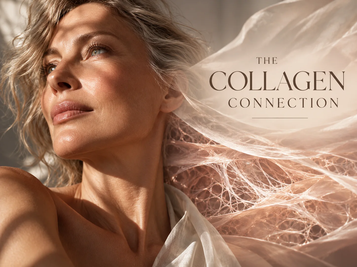 Editorial portrait with the words “The Collagen Connection” over a softly lit, translucent pattern